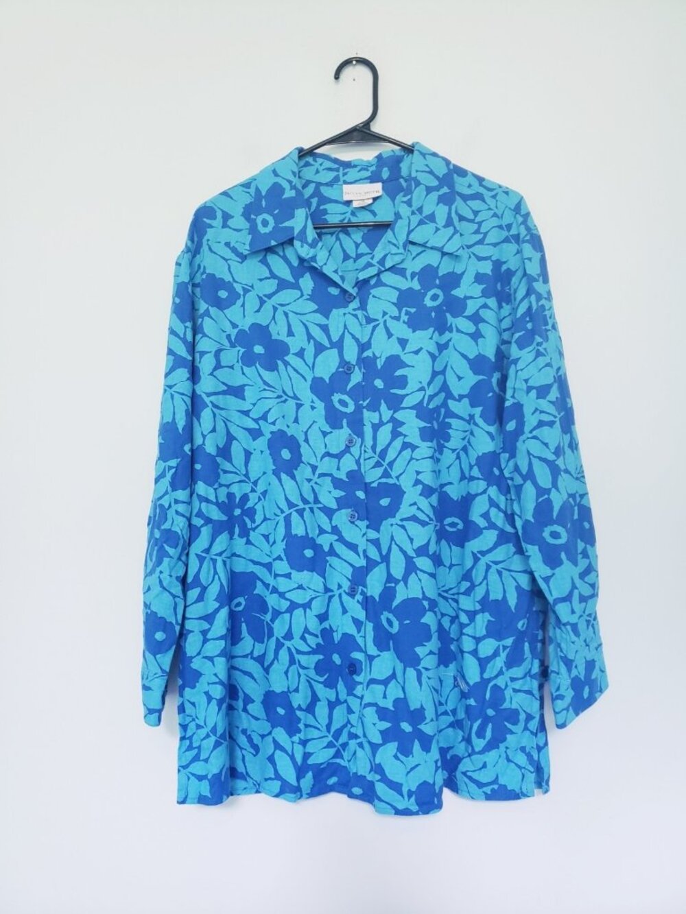 Vtg Jaclyn Smith Womens Plus 16 Blouse Linen Blend Bright Blue Floral Button Up - Picture 1 of 5